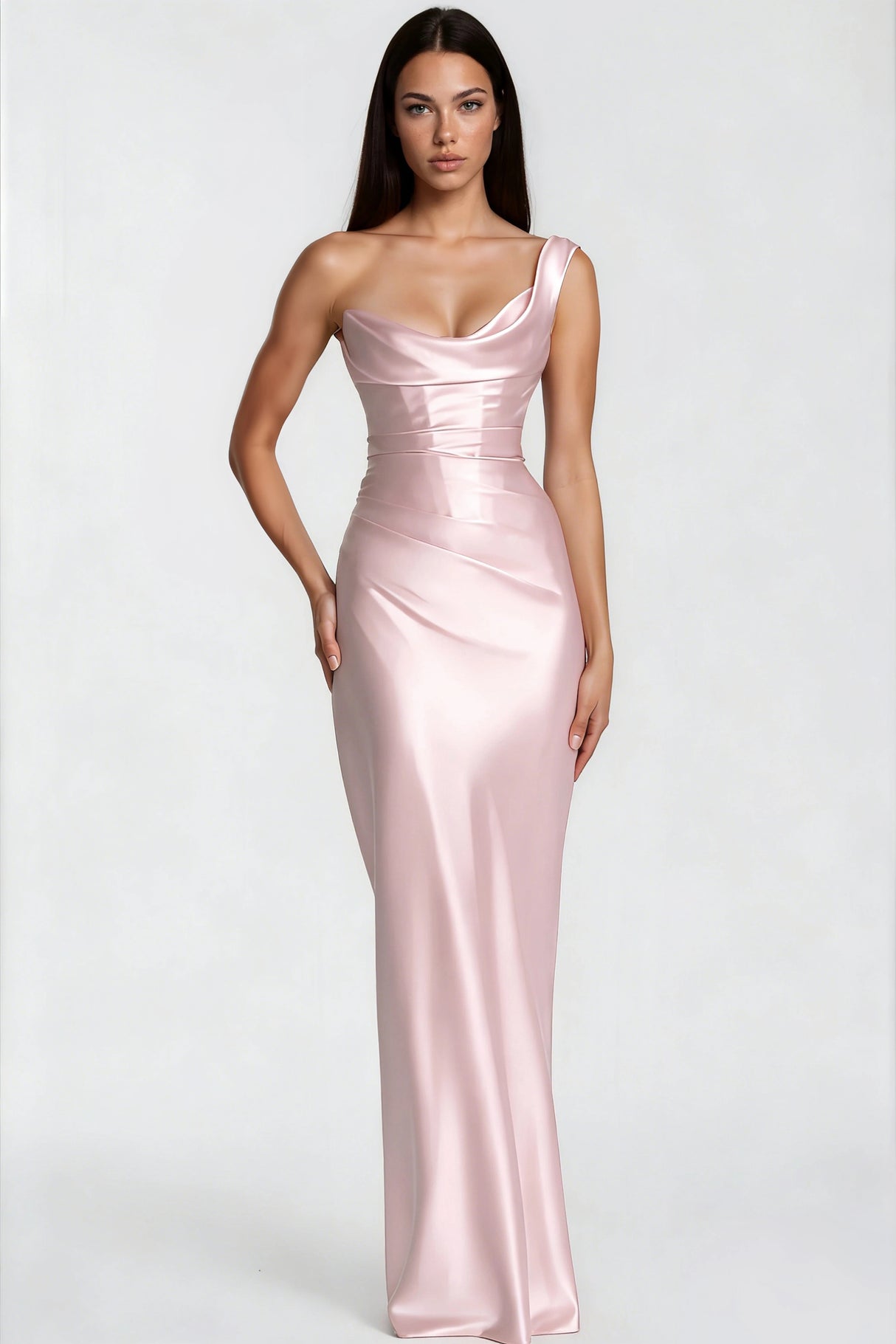 Hannah Pink One Shoulder Satin Maxi Dress