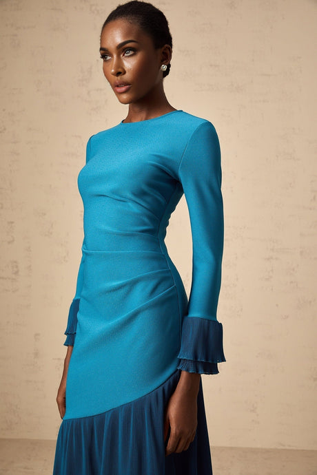 Harleigh Midi Dress - Round Neck Design - Long Sleeves - Cinched Waist Detail - Ruffled Trim Panelled Style