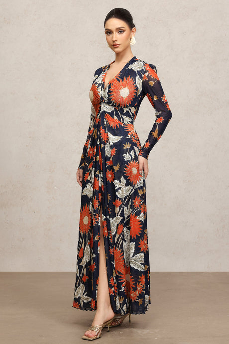 Harleigh Navy Floral Maxi Dress V-Neck Long Sleeve Slit Detail Elegant