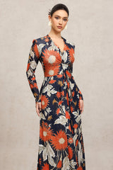 Harleigh Navy Floral Maxi Dress V-Neck Long Sleeve Slit Detail Elegant
