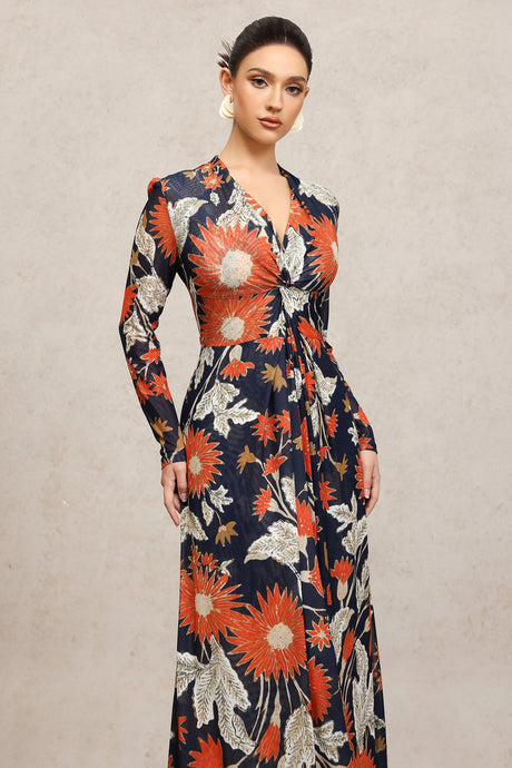 Harleigh Navy Floral Maxi Dress V-Neck Long Sleeve Slit Detail Elegant