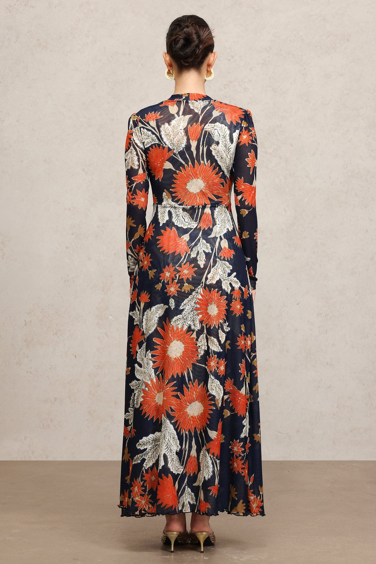 Harleigh Navy Floral Maxi Dress V-Neck Long Sleeve Slit Detail Elegant