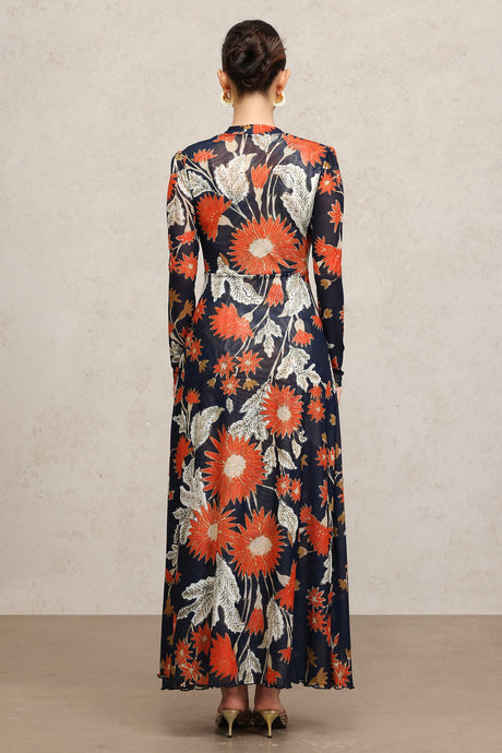 Harleigh Navy Floral Maxi Dress V-Neck Long Sleeve Slit Detail Elegant