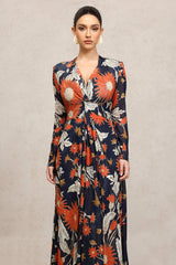 Harleigh Navy Floral Maxi Dress V-neck Long Sleeve Slit Detail Elegant