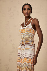 Harmony Maxi Dress - Knitted Construction - Sleeveless Halterneck - Spaghetti Straps - Horizontal Stripe Pattern
