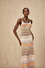 Harmony Maxi Dress - Knitted Construction - Sleeveless Halterneck - Spaghetti Straps - Horizontal Stripe Pattern