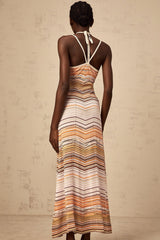 Harmony Maxi Dress - Knitted Construction - Sleeveless Halterneck - Spaghetti Straps - Horizontal Stripe Pattern
