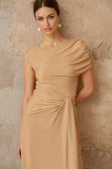 Harper Maxi Dress Gold Pleated Asymmetrical Twist Knot & Metallic Detail