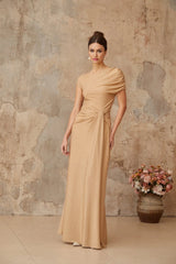 Harper Maxi Dress Gold Pleated Asymmetrical Twist Knot & Metallic Detail