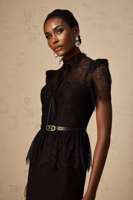 Harper Midi Dress - Tied Mock Neck - Bustier Style - Guipure Lace Panels - Peplum Waist - Semi - sheer