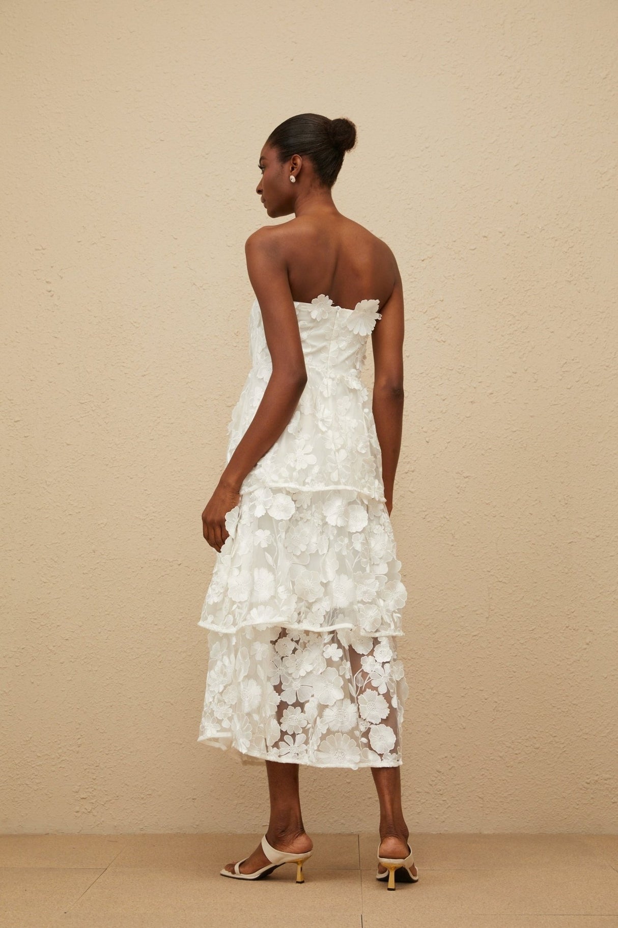 Harper Off The Shoulder Midi Dress - Floral Embroidery - 3D - Petal Detailing - Cinched Waist - Tiered Skirt