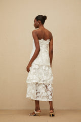 Harper Off The Shoulder Midi Dress - Floral Embroidery - 3D - Petal Detailing - Cinched Waist - Tiered Skirt