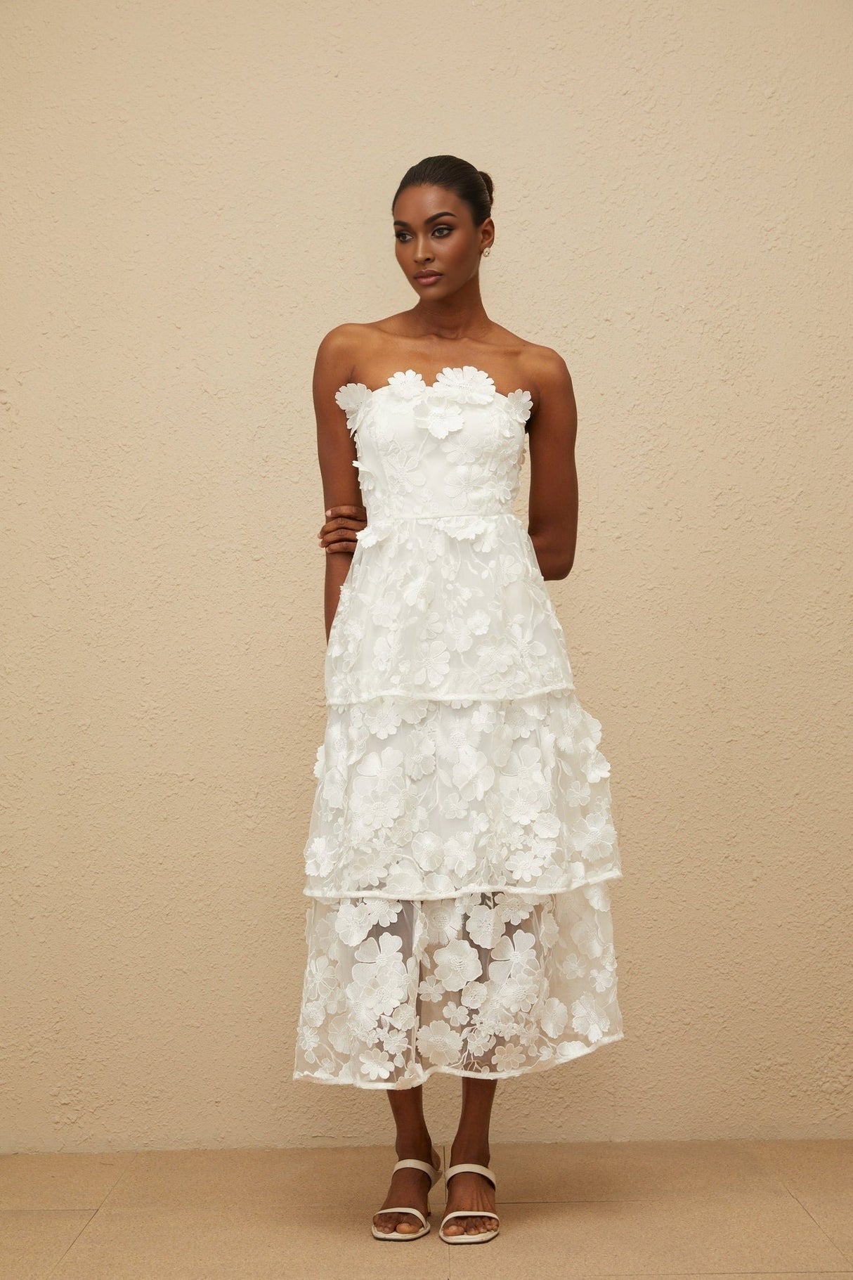 Harper Off The Shoulder Midi Dress - Floral Embroidery - 3D - Petal Detailing - Cinched Waist - Tiered Skirt