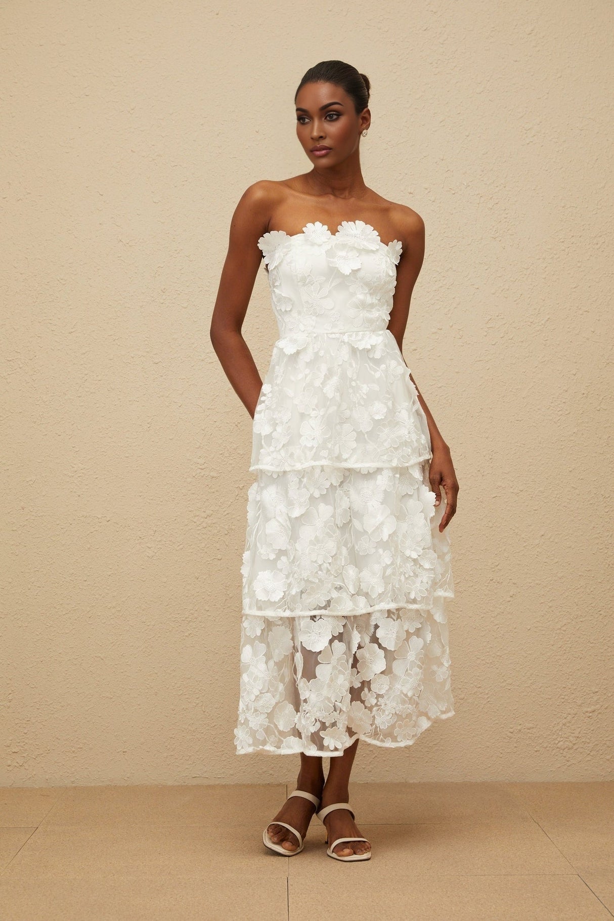 Harper Off The Shoulder Midi Dress - Floral Embroidery - 3D - Petal Detailing - Cinched Waist - Tiered Skirt