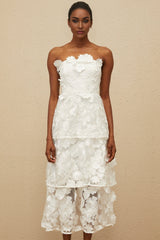 Harper Off The Shoulder Midi Dress - Floral Embroidery - 3D - Petal Detailing - Cinched Waist - Tiered Skirt