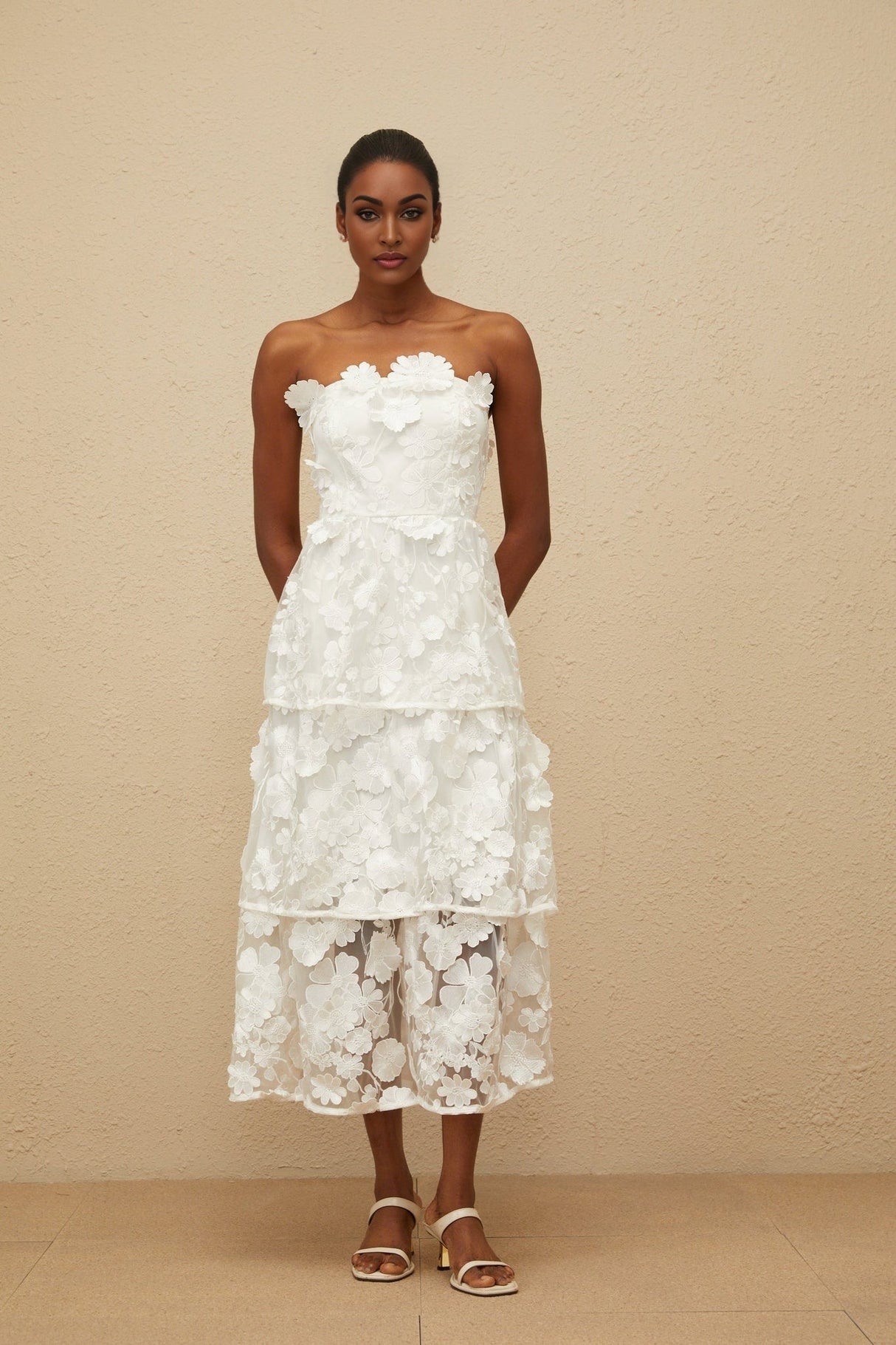 Harper Off The Shoulder Midi Dress - Floral Embroidery - 3D - Petal Detailing - Cinched Waist - Tiered Skirt