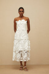 Harper Off The Shoulder Midi Dress - Floral Embroidery - 3D - Petal Detailing - Cinched Waist - Tiered Skirt