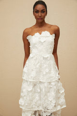 Harper Off The Shoulder Midi Dress - Floral Embroidery - 3D - Petal Detailing - Cinched Waist - Tiered Skirt