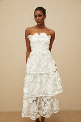 Harper Off The Shoulder Midi Dress - Floral Embroidery - 3D - Petal Detailing - Cinched Waist - Tiered Skirt