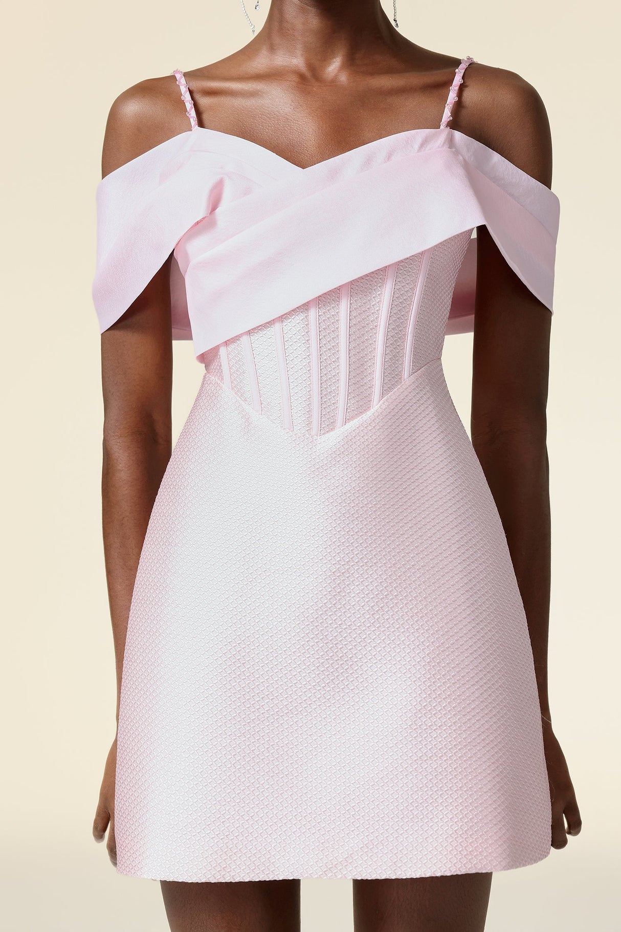 Harper Pink Mini Dress with Off-the-Shoulder Sleeves and Tailored Bodice