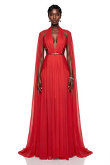 Harper Red Plunge Halterneck Maxi Dress with Cape