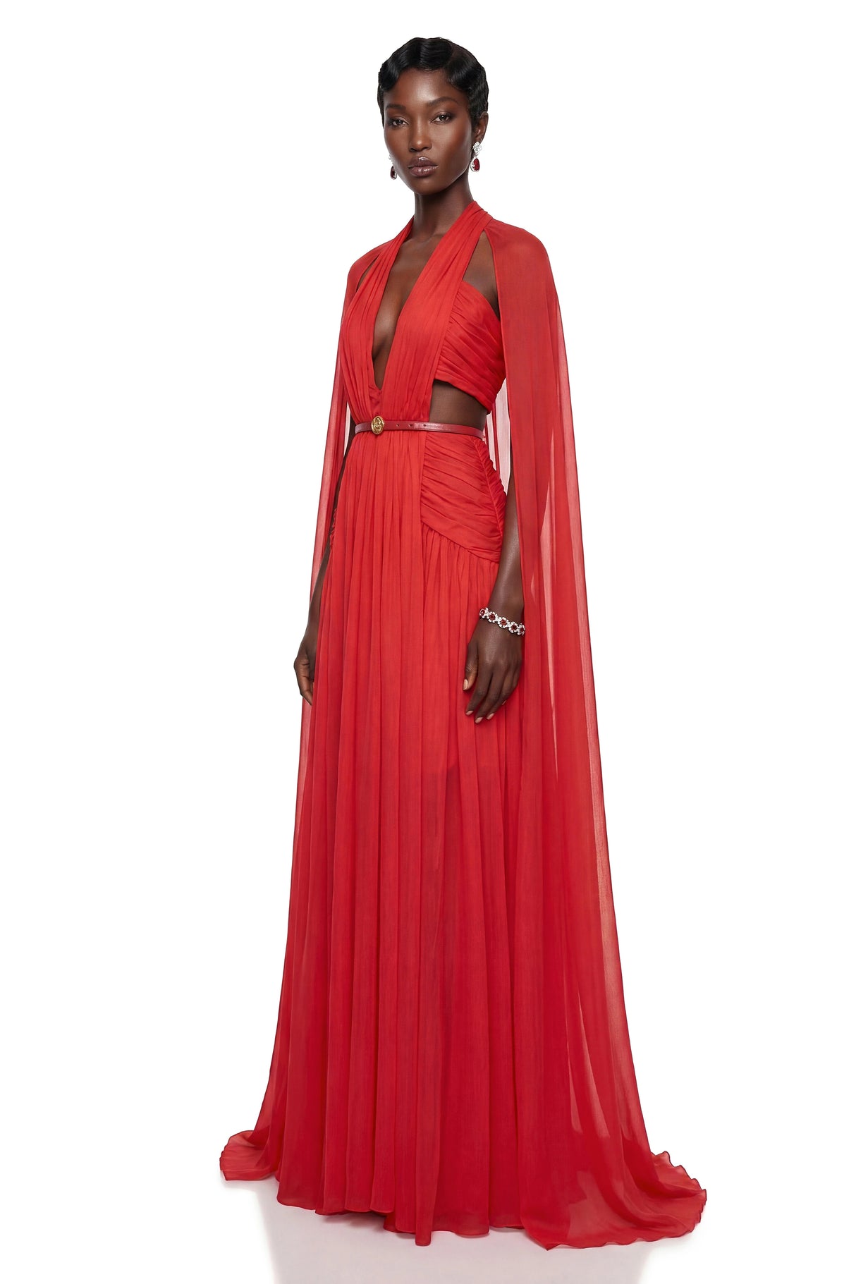 Harper Red Plunge Halterneck Maxi Dress with Cape