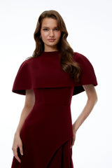 Haruka Burgundy Asymmetrical Midi Dress with Cape and Slit