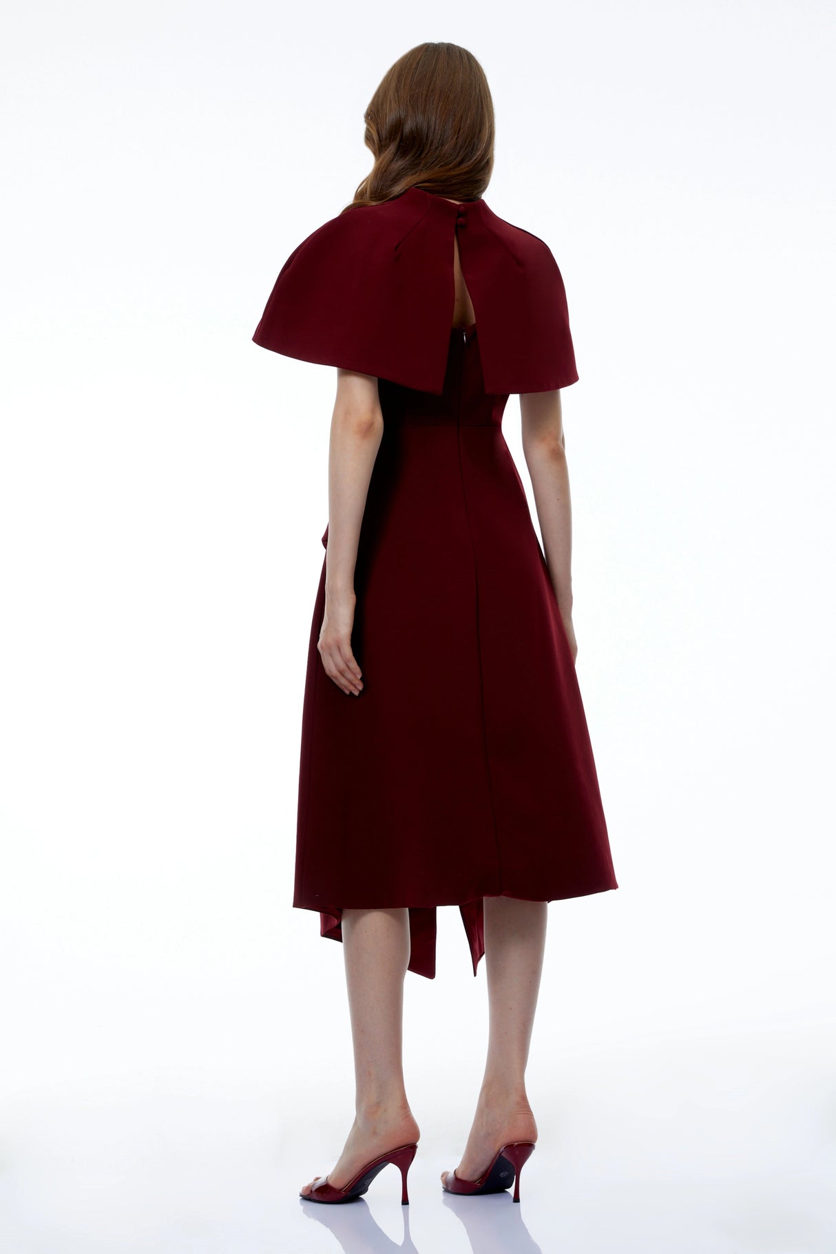 Haruka Burgundy Asymmetrical Midi Dress with Cape and Slit