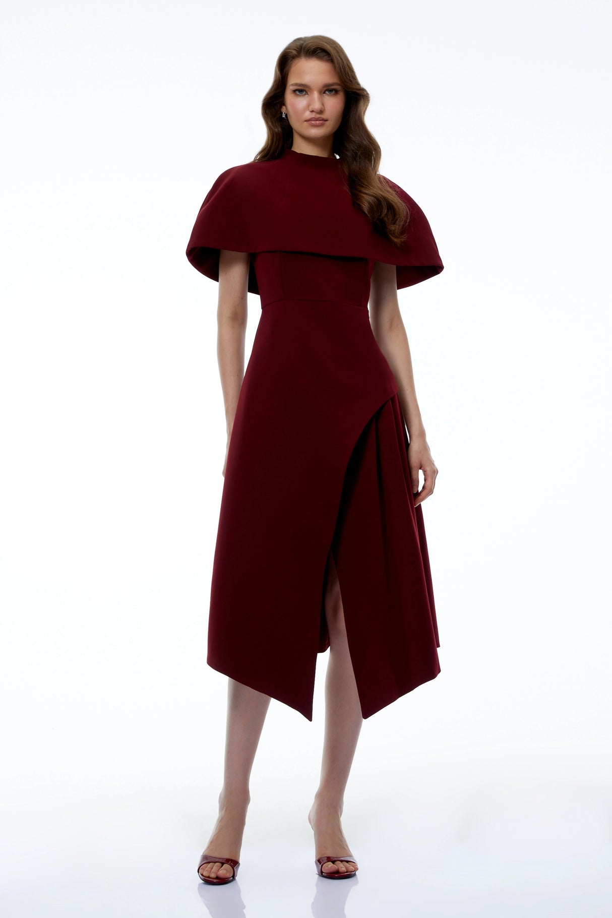 Haruka Burgundy Asymmetrical Midi Dress with Cape and Slit