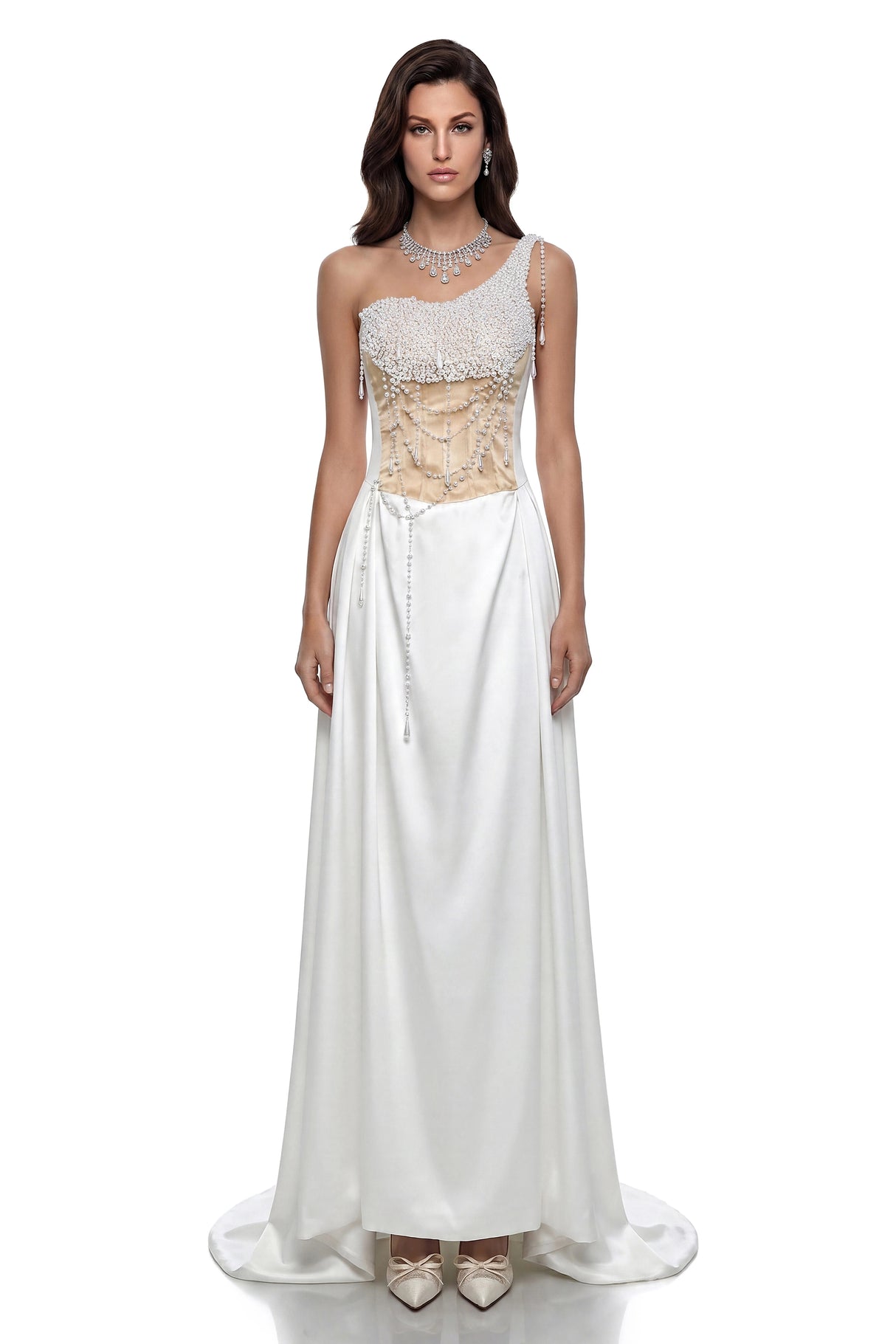 Hasti Cream White Ruched Maxi Dress with Chain Detail