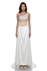 Hasti Cream White Ruched Maxi Dress with Chain Detail
