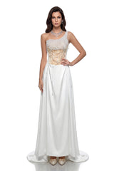 Hasti Cream White Ruched Maxi Dress with Chain Detail