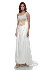 Hasti Cream White Ruched Maxi Dress with Chain Detail