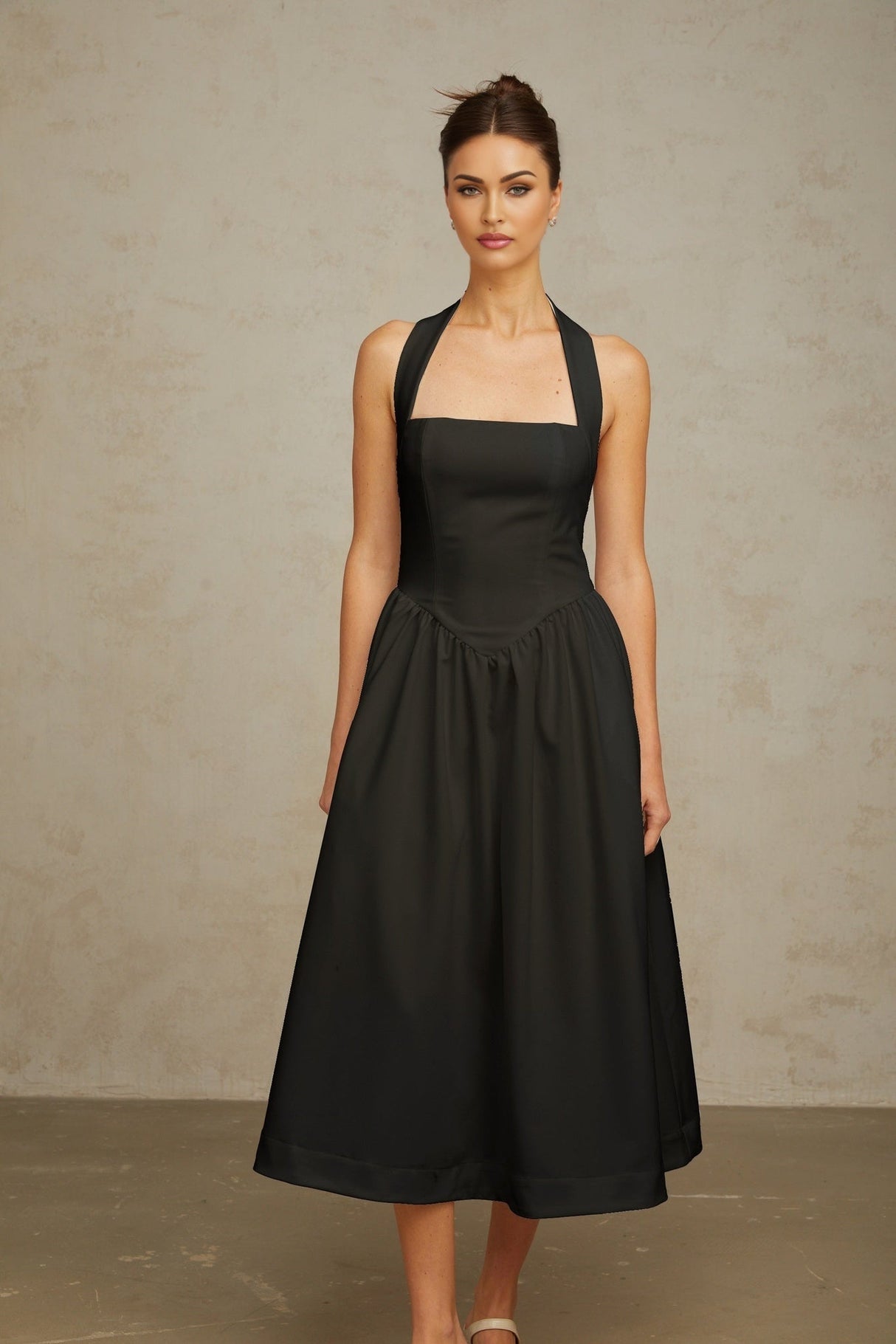 Hattie Midi Dress - Halterneck - Sleeveless - Open Back - Pleated Detailing
