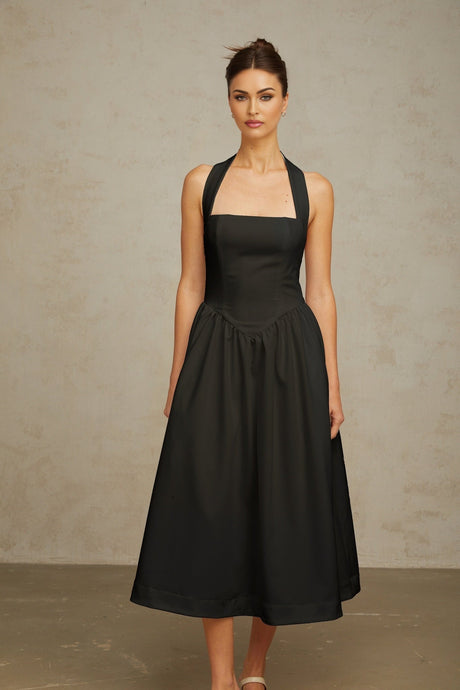 Hattie Midi Dress - Halterneck - Sleeveless - Open Back - Pleated Detailing