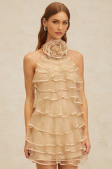 Hattie Mini Dress - Color - Sleeveless Halterneck - Layered 3D - Petal Ruffles - Rear Zip Fastening