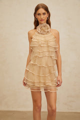 Hattie Mini Dress - Color - Sleeveless Halterneck - Layered 3D - Petal Ruffles - Rear Zip Fastening
