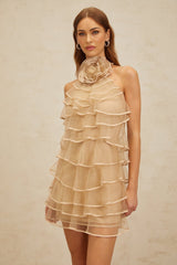 Hattie Mini Dress - Color - Sleeveless Halterneck - Layered 3D - Petal Ruffles - Rear Zip Fastening