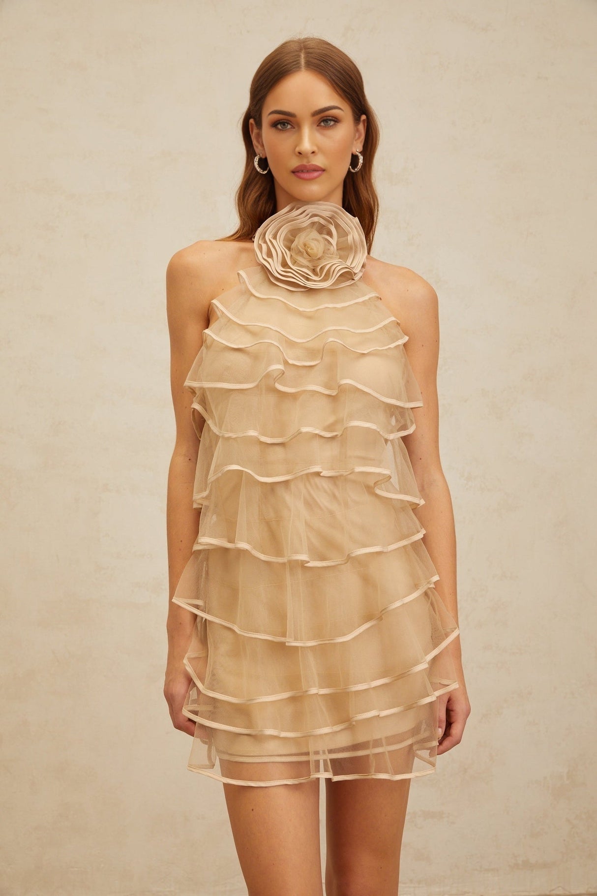 Hattie Mini Dress - Color - Sleeveless Halterneck - Layered 3D - Petal Ruffles - Rear Zip Fastening