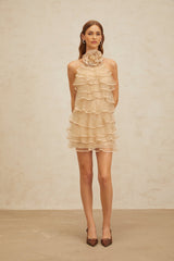 Hattie Mini Dress - Color - Sleeveless Halterneck - Layered 3D - Petal Ruffles - Rear Zip Fastening