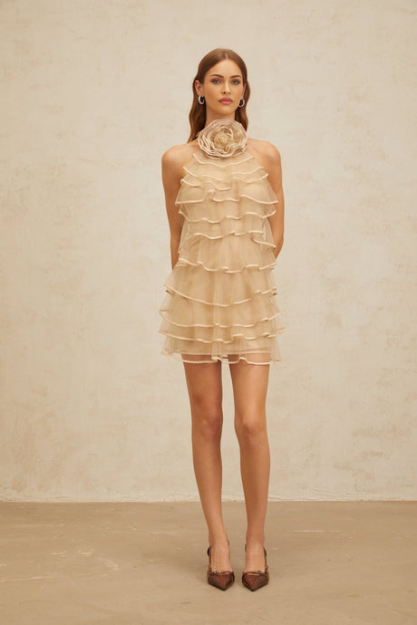 Hattie Mini Dress - Color - Sleeveless Halterneck - Layered 3D - Petal Ruffles - Rear Zip Fastening