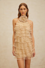 Hattie Mini Dress - Color - Sleeveless Halterneck - Layered 3D - Petal Ruffles - Rear Zip Fastening