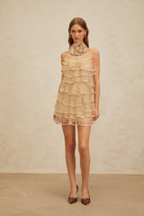 Hattie Mini Dress - Color - Sleeveless Halterneck - Layered 3D - Petal Ruffles - Rear Zip Fastening