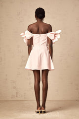 Hattie Off the Shoulder - Cinched Waist - 3D Petal Detailing - Flared Hem - Rear Zip Fastening
