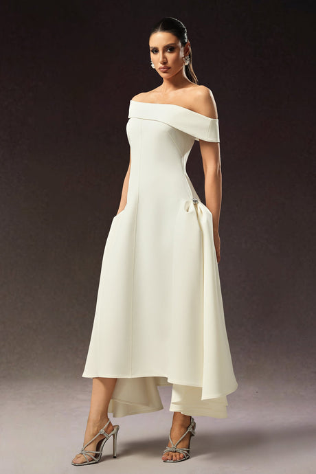 Hattie White Off-the-Shoulder Maxi Dress for Formal Occasions