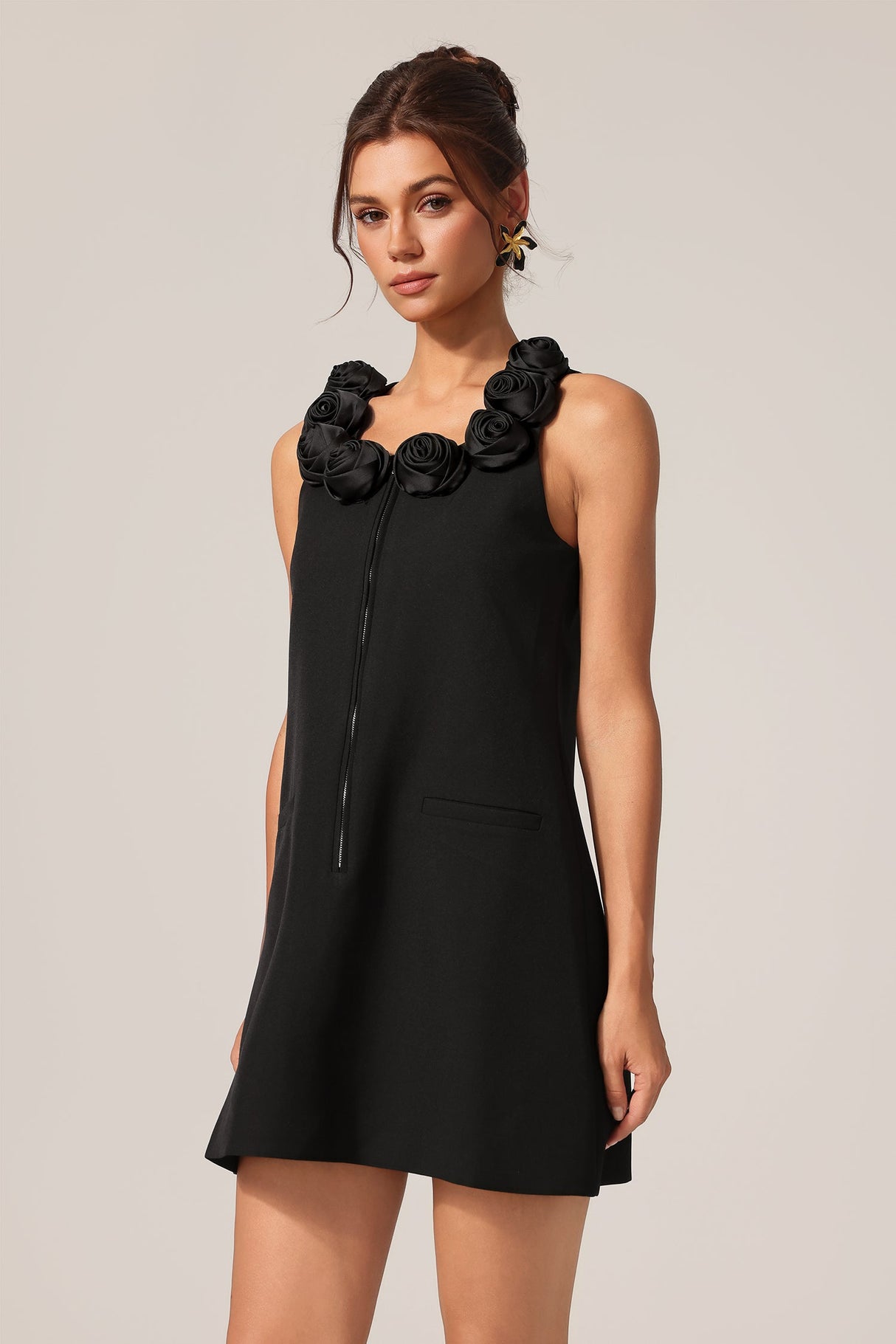 Haven Black Floral Sleeveless Mini Dress with Zipper Closure