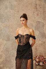 Haven Maxi Dress Black Floral Lace Corset & Tulle Panel Off - Shoulder Slit