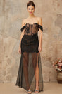 Haven Maxi Dress Black Floral Lace Corset & Tulle Panel Off - Shoulder Slit