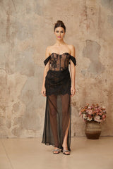 Haven Maxi Dress Black Floral Lace Corset & Tulle Panel Off - Shoulder Slit