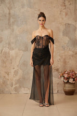 Haven Maxi Dress Black Floral Lace Corset & Tulle Panel Off - Shoulder Slit